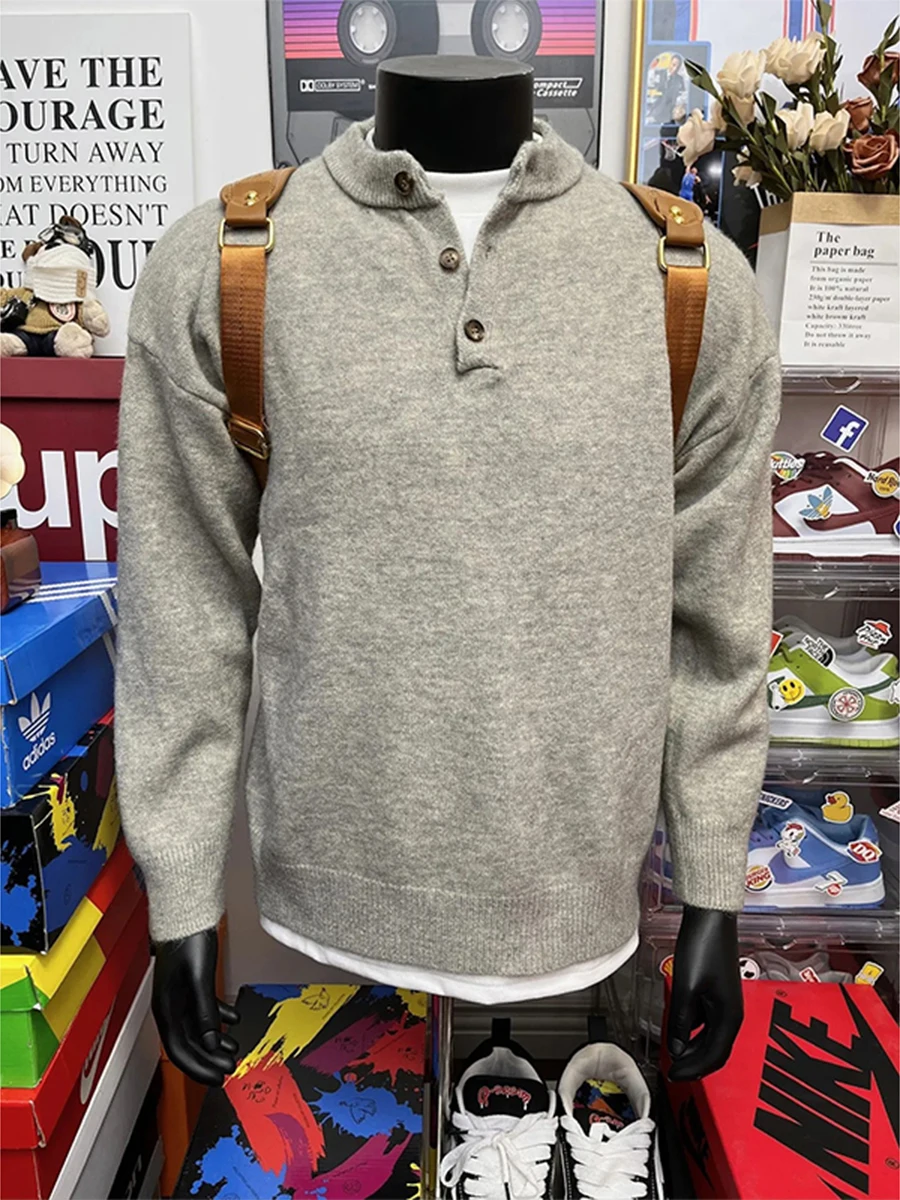 

Мужской зимний вязаный свитер-кардиган в американском стиле с воротником хенли, повседневный, в полоску, Cleanfit