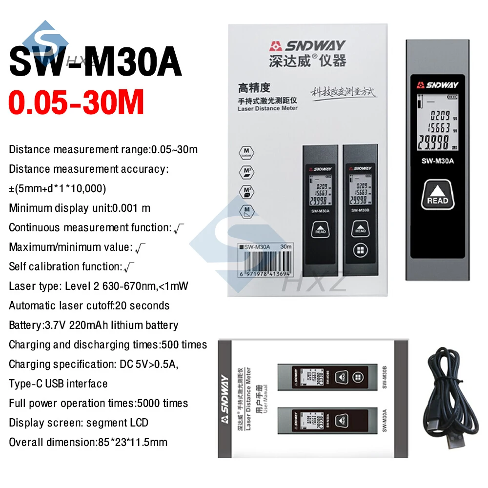 Sndway เครื่องวัดเมตรเลเซอร์ขนาดเล็กแบบชาร์จไฟได้วัดระยะ0.05-30เมตรไม้บรรทัดวัดรูเล็ตอิเล็กทรอนิกส์เครื่องทดสอบสายวัด