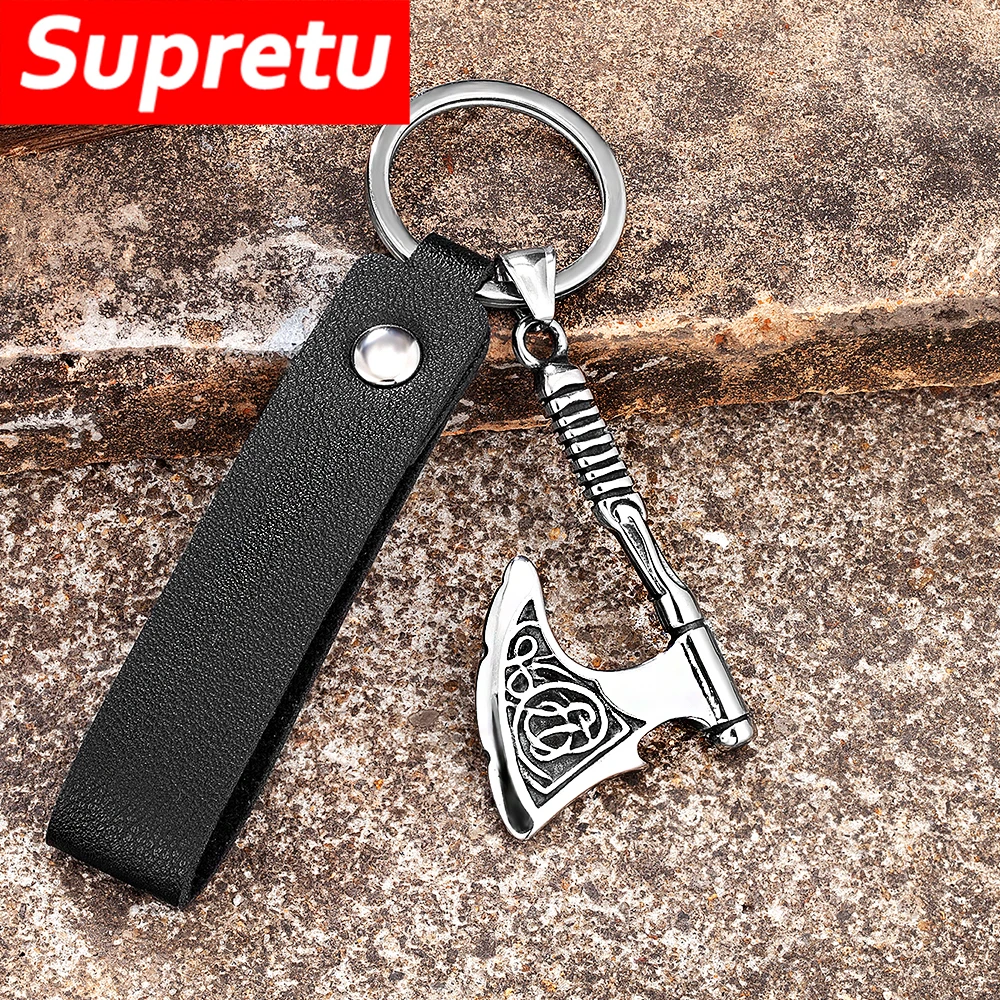 Punk Viking Rune Axe Keychain Norse Celtic Knot Odin Tomahawk Pendant Keyring Men Stainless Steel Self-defense Jewelry Male Gift