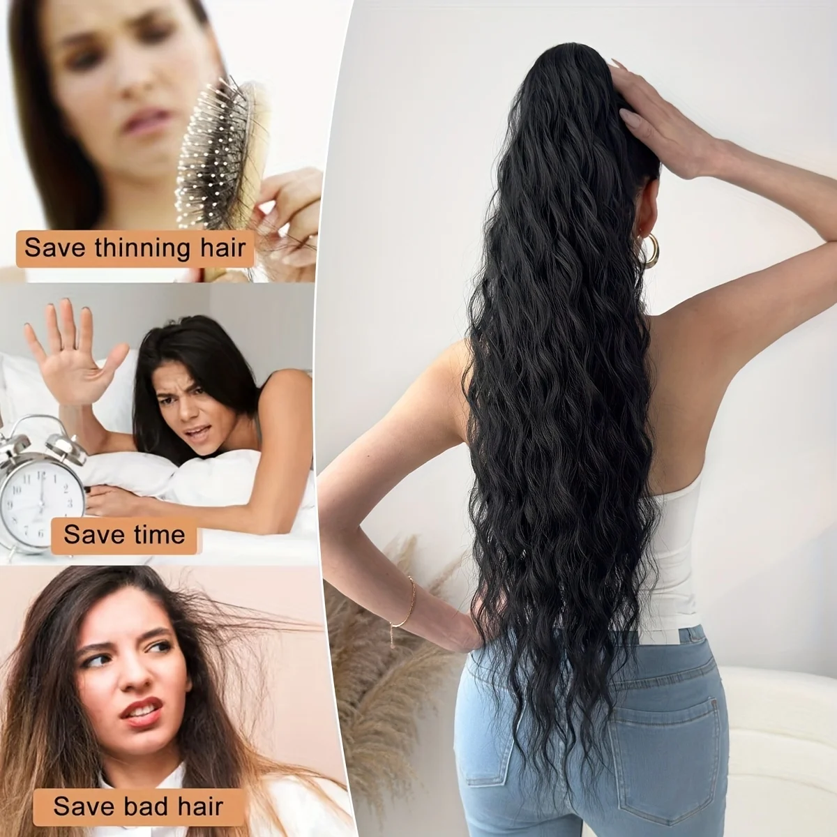 32-Inch Long Curly Wave Synthetic Hairpiece with a Claw Clip Ponytail Extension in Black And Brown, Perfect for Women'S Parties. image 5