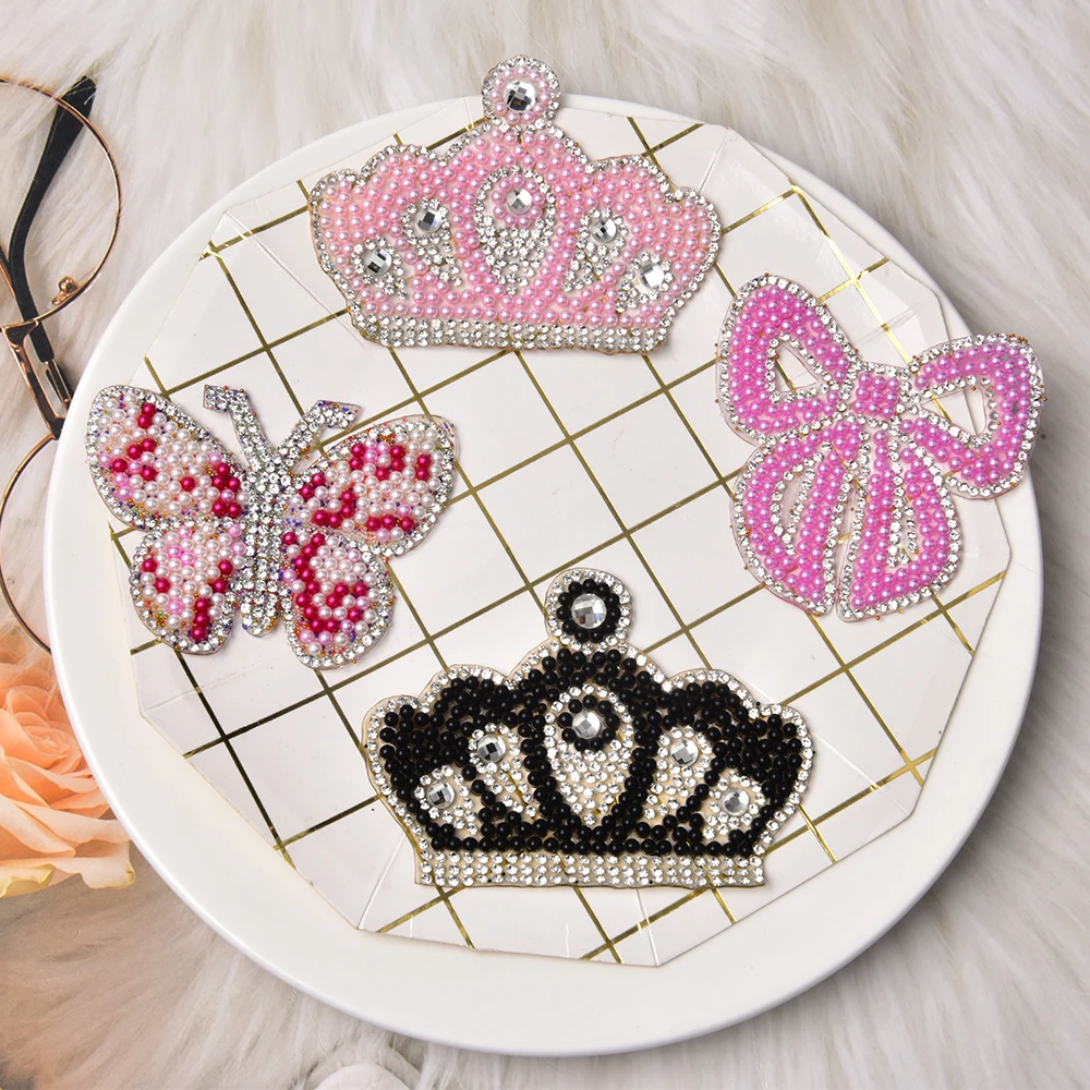 5pcs Pearl Butterfly Iron On Patches Rhinestone Applique Hotfix Diy Clothing Shoes Bags Embellishment Crown Motif