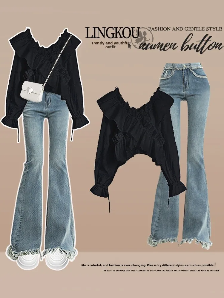 حجم كبير المرأة لينة الرغبة النقية الدنيم متوهج عالية الخصر التخسيس الربيع Faion قطعتين مجموعة طويلة Sve V-Ne #2