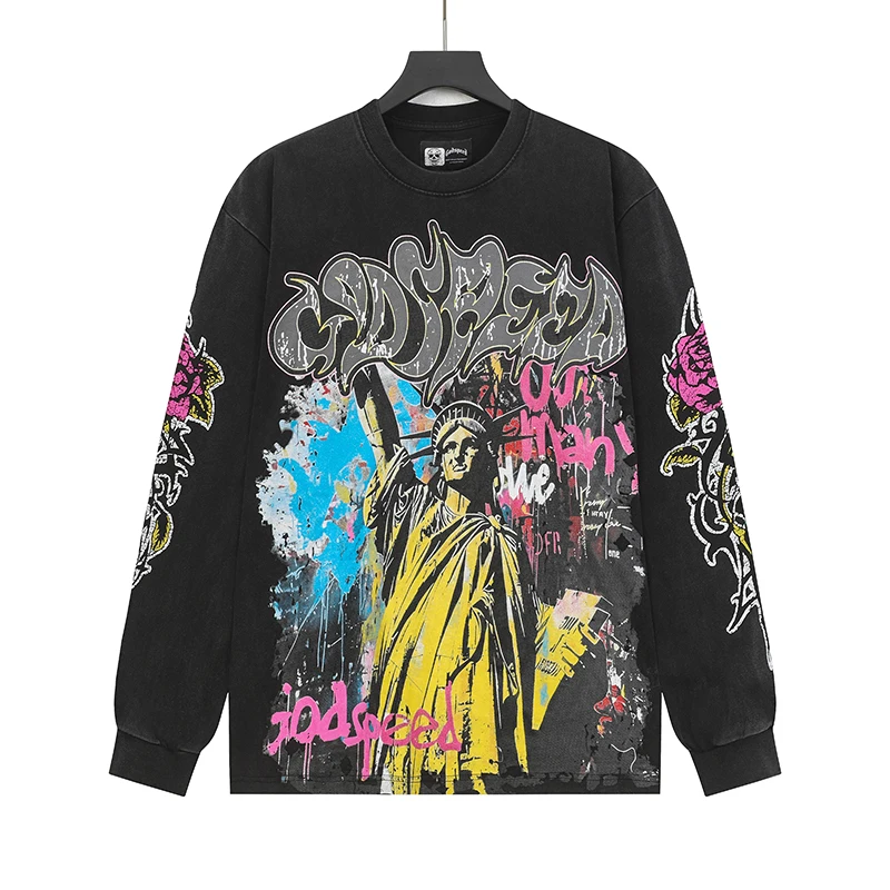 الأمريكية الشارع الشهير Godspeed طويلة الأكمام الرجال النساء الخريف تي شيرت تمثال الحرية طباعة 100% القطن فضفاض تي شيرت غير رسمي بلايز