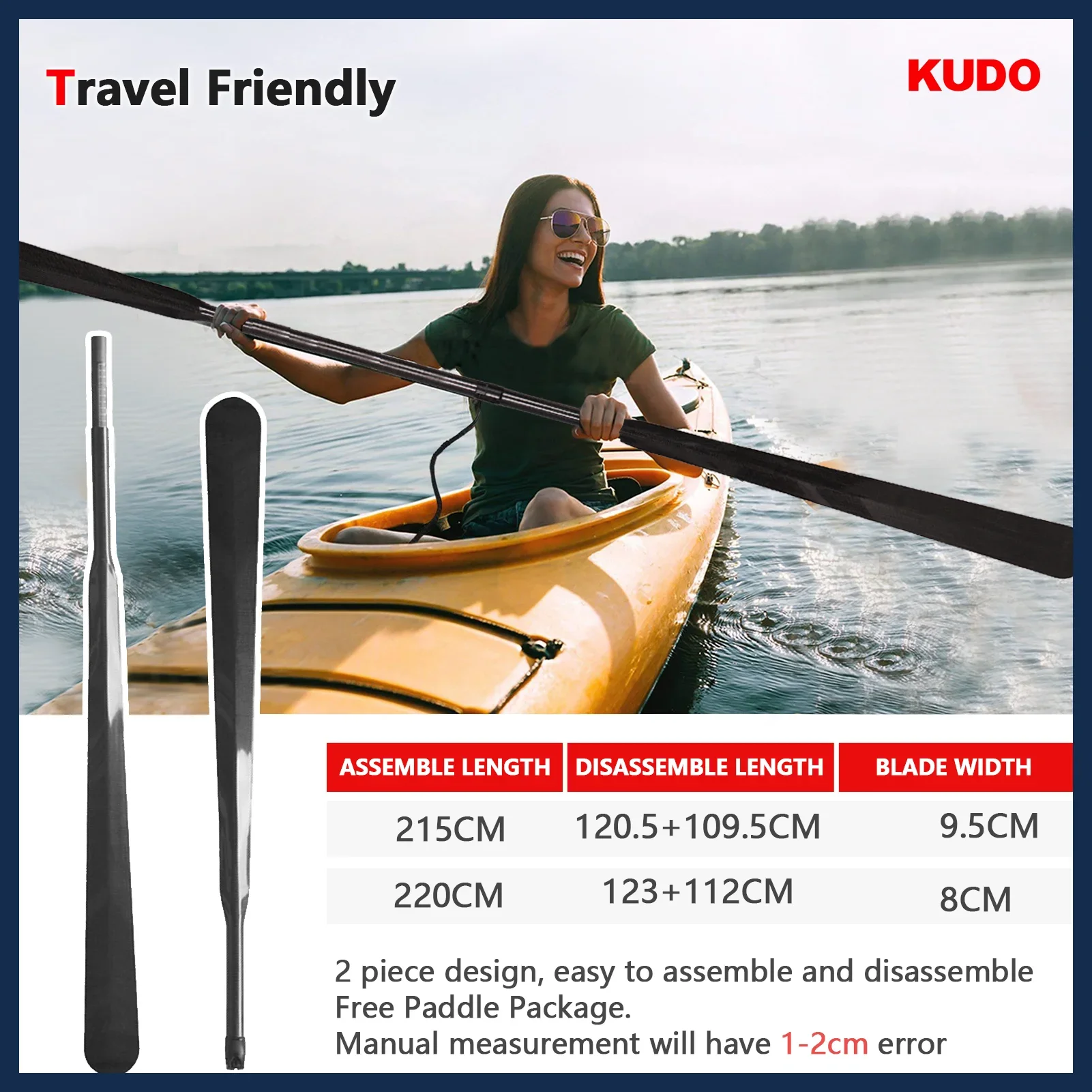 Pala de Kayak de Carbono Completo de 700g y 2 Secciones con Bolsa Gratis, Pala de Kayak Ligera, Pala de Surf Ajustable