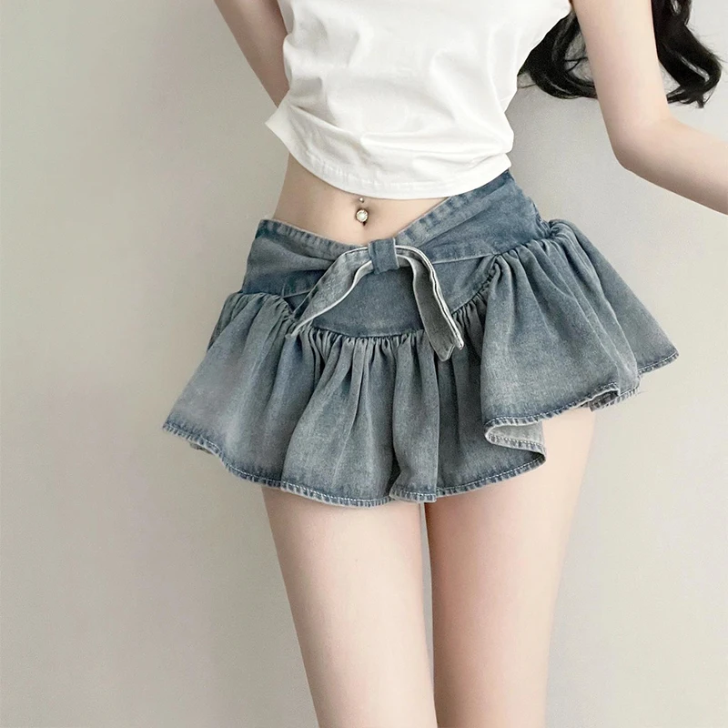 Bow Cake Denim Shorts Skirt Cheerleading Team A-Line Bow Tie High Waist Sexy Mini Skirt Summer Female Y2k Clothing Vintage