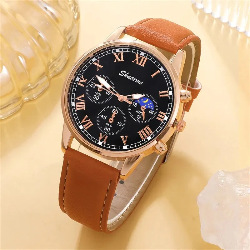 Fashion Mens Sports Watches Man Business Quartz Wristwatch Luxury Brown Leather Bracelet Men Casual Luminous Clock Watch