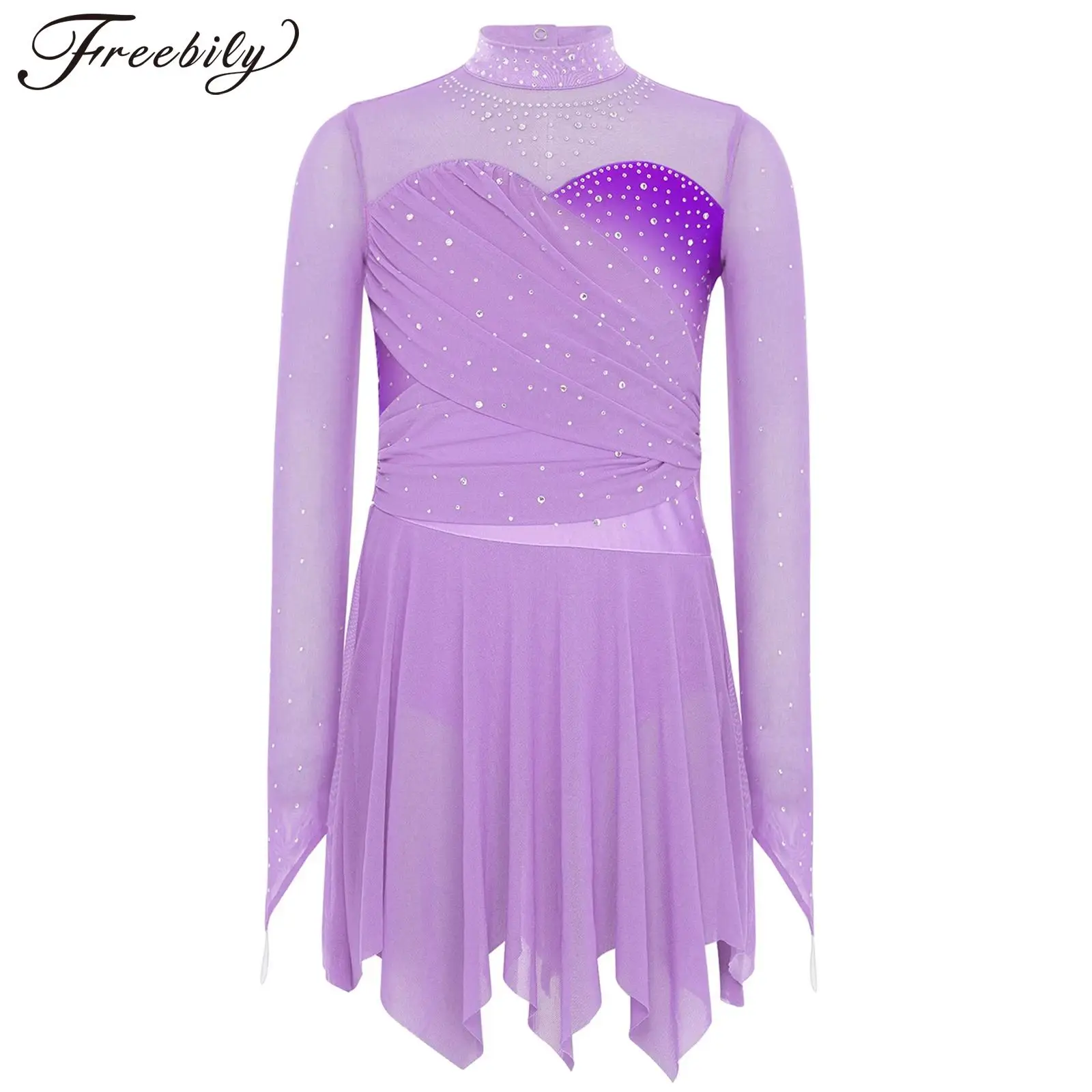

Детское трико с длинными рукавами и стразами для девочек, прозрачное сетчатое трико для фигурного катания, лирическое платье для танцев, балета, гимнастики, акробатики, танцевальная одежда