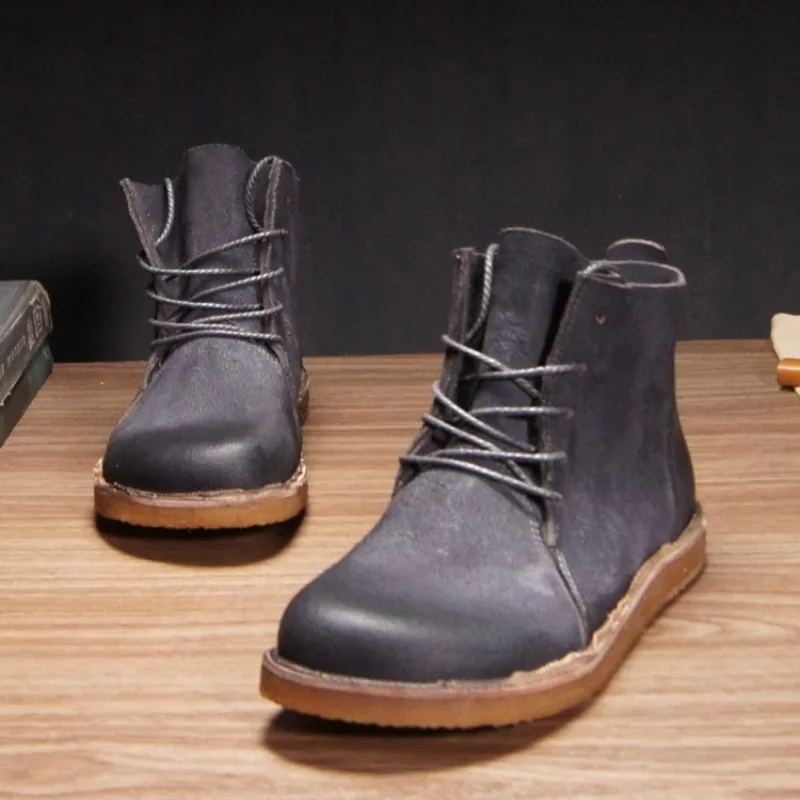 Vintage Washed Cow Leather Men Desert Boots Hand Dyed Distressed Cowhide Flat Crepe Sole Lace-up Casual Handmade Ankle Boots
