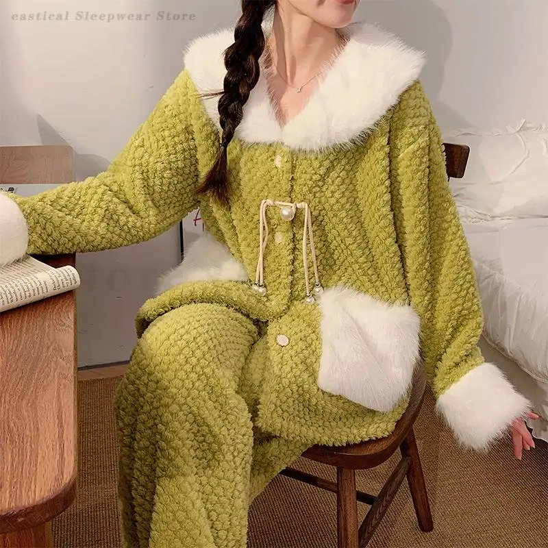 

Coral Fleece New Women's Sleepwear Winter 2Pcs Pijamas Set Thicken Warm Chinese Style Pajamas Suit Loose Loungewear Home Clothes