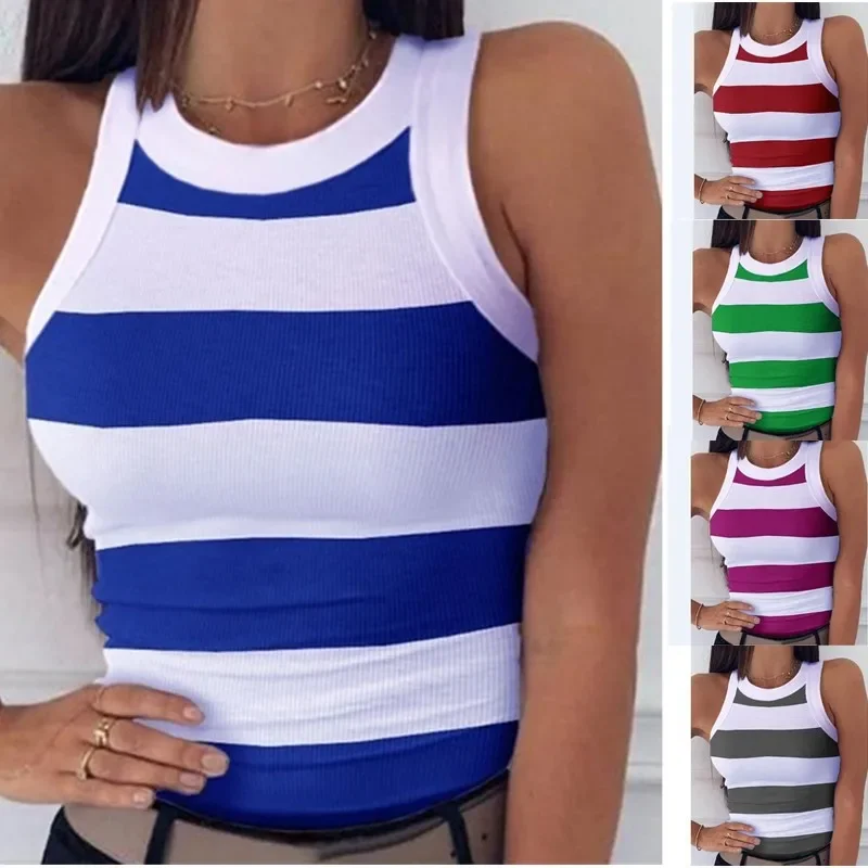 Camiseta sin mangas elástica básica de verano, camiseta con estampado Digital, camiseta sin mangas Sexy con espalda cruzada y cuello redondo para mujer, camiseta sin mangas con estampado de rayas