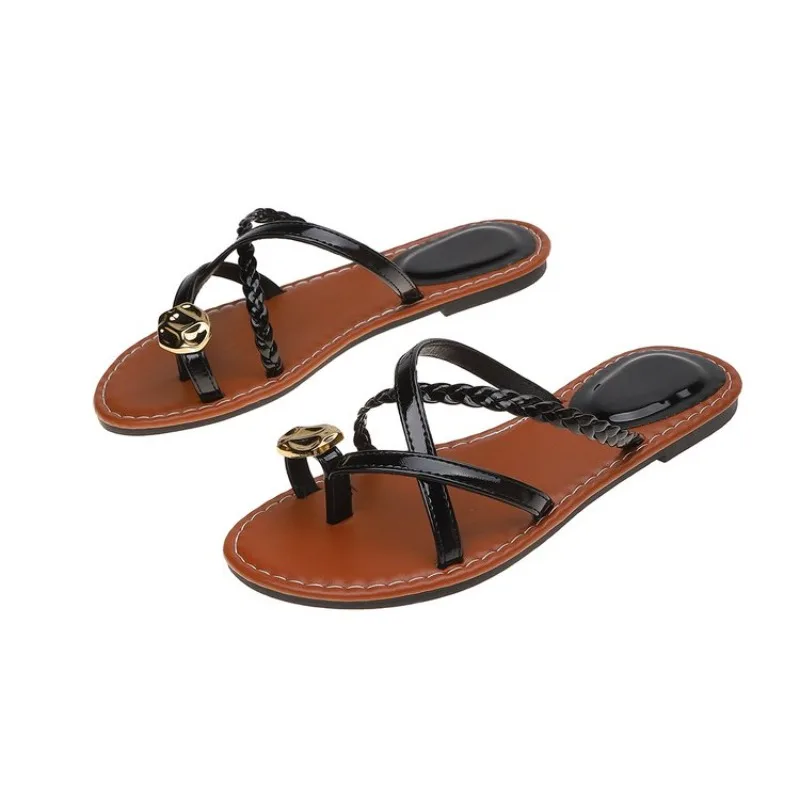 Damen Casual Flache Pantoffeln Zehentrenner Sandalen Geflochtener Riemen Slip-On Clip-Toe Minimalistische Sommer-Komfortschuhe für den Alltag, Spaziergänge und Urlaub – Detail 4
