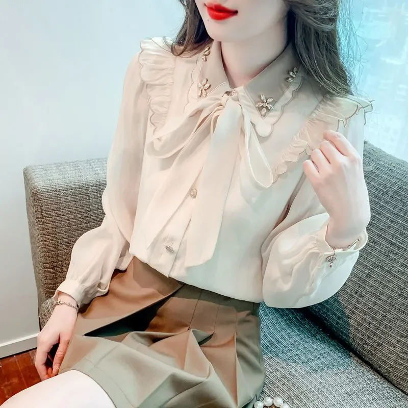 

French Lapel Long-Sleeved Chiffon Shirt Female 2025 Spring Summer New Fashion Loose Chic Ruffled Wild Evening Shirts Tops