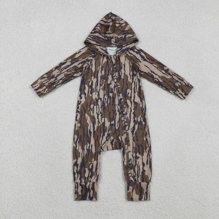 

In Stock Newborn Toddler Romper Camo Print Baby Boys Hoodie Zipper Romper
