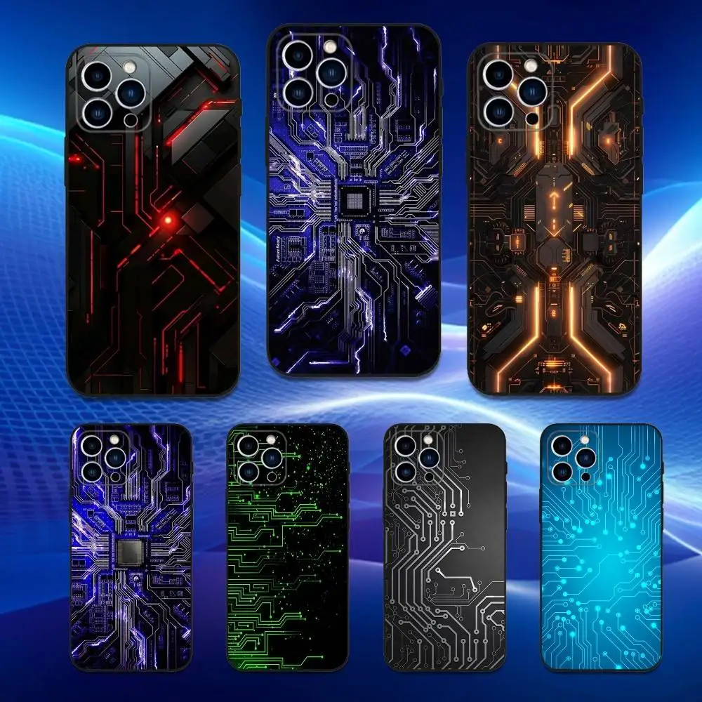 

Cool Art Circuit Phone Case For iPhone 17,16,15,14,13,12,11 Plus,Pro Max,XS,X,XR,SE,Mini,8,7,Soft Silicone Black Cover