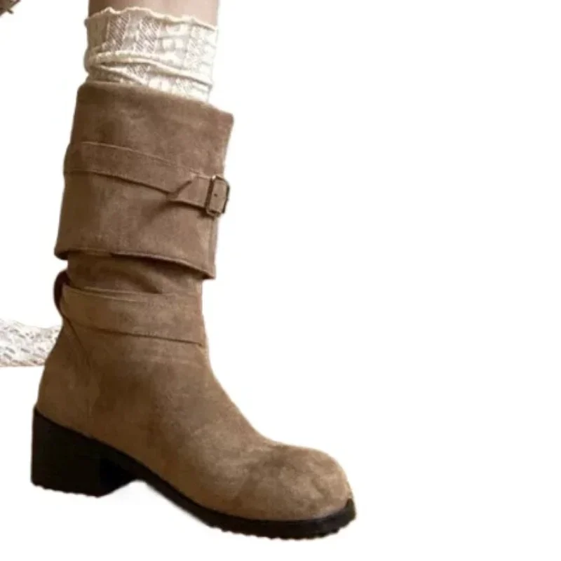 2024 Spring and Autumn High Quality Women\'s Shoes Fashionable Round Toe Medium Heel Solid Color Suede Sleeve Women\'s High Boots