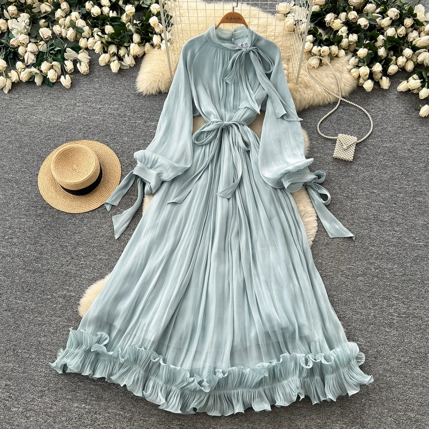 Französisches Maxikleid mit Schleifenknoten, langen Ärmeln, Rüschen und A-Linie, elegantes Damenkleid mit vollem Saum