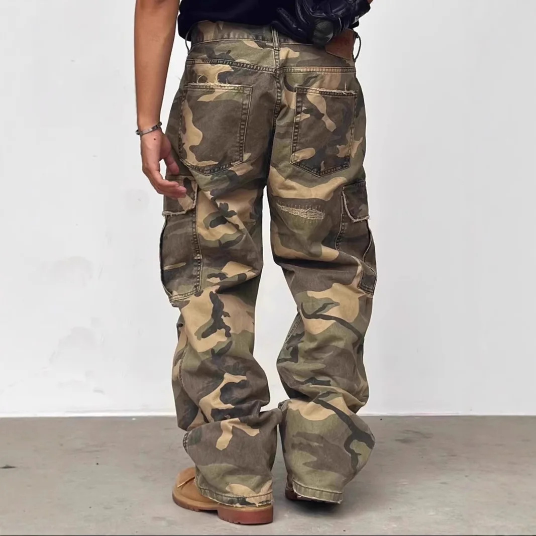 American Street Style Washed Camouflage Workwear Jeans Hole Straight Leg Spring Autumn Casual Cotton Trendy Long Pants