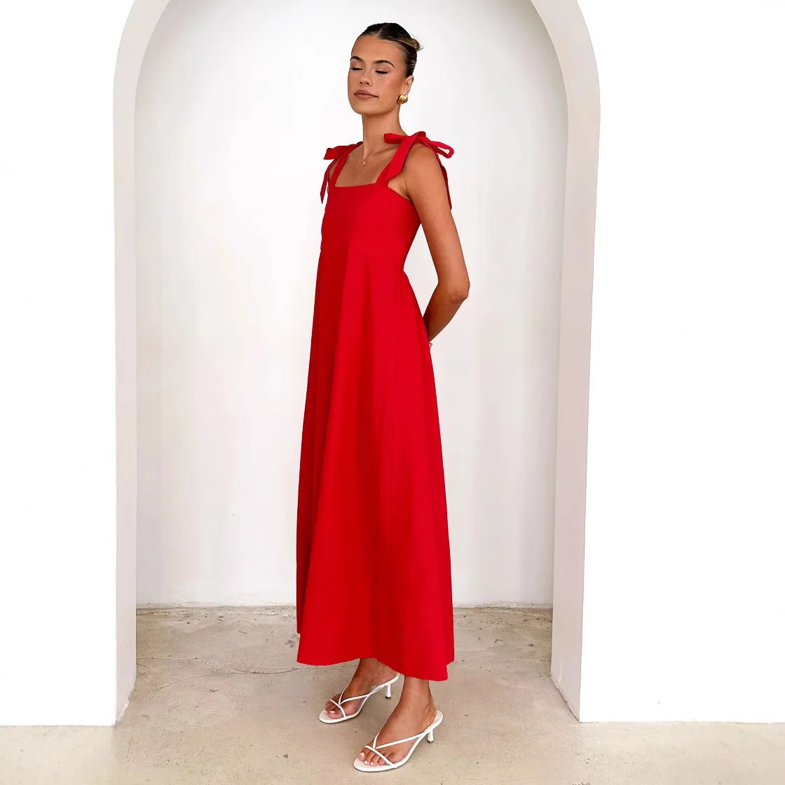 

2025 Summer New Solid Color Strapless Long Versatile Lace Up Dress -68586