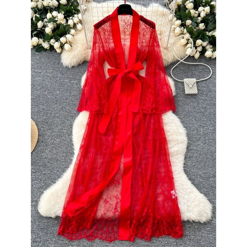 Sexy and elegant thin shawl pajamas for women, bathrobe2024Bow-tie waist-cinching bell-sleeve lace jacket