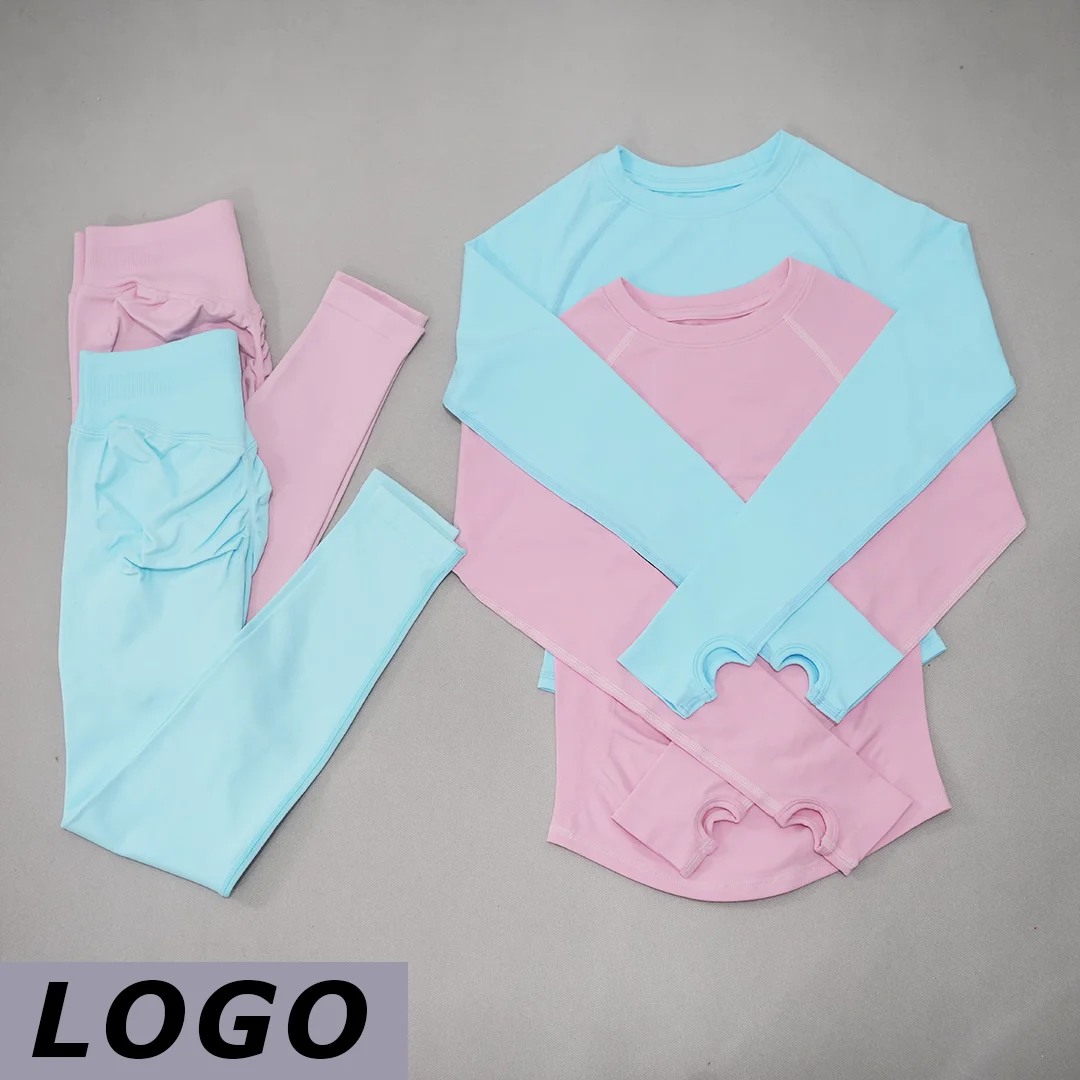 LOGO DF Women 2‑Piece Seamless Gym Fitness Set Long Sleeve Top High Waist Leggings Slim Fit Breathable Tracksuit Pilates Running