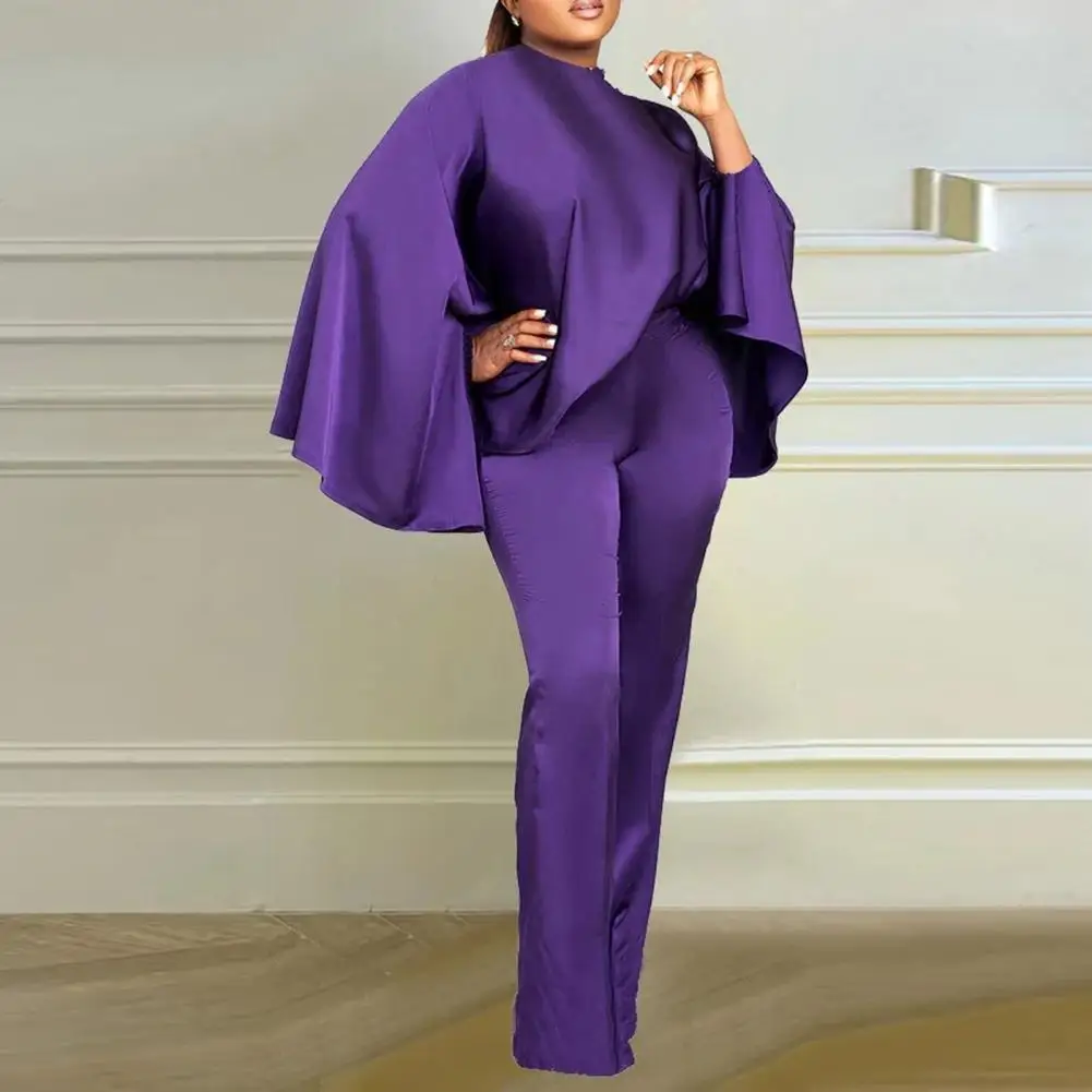 Women Faux Satin Outfit Elegant Satin Two-piece Set for Women Loose Batwing Sleeves Top High Waist Wide Leg Pants Outfit Solid