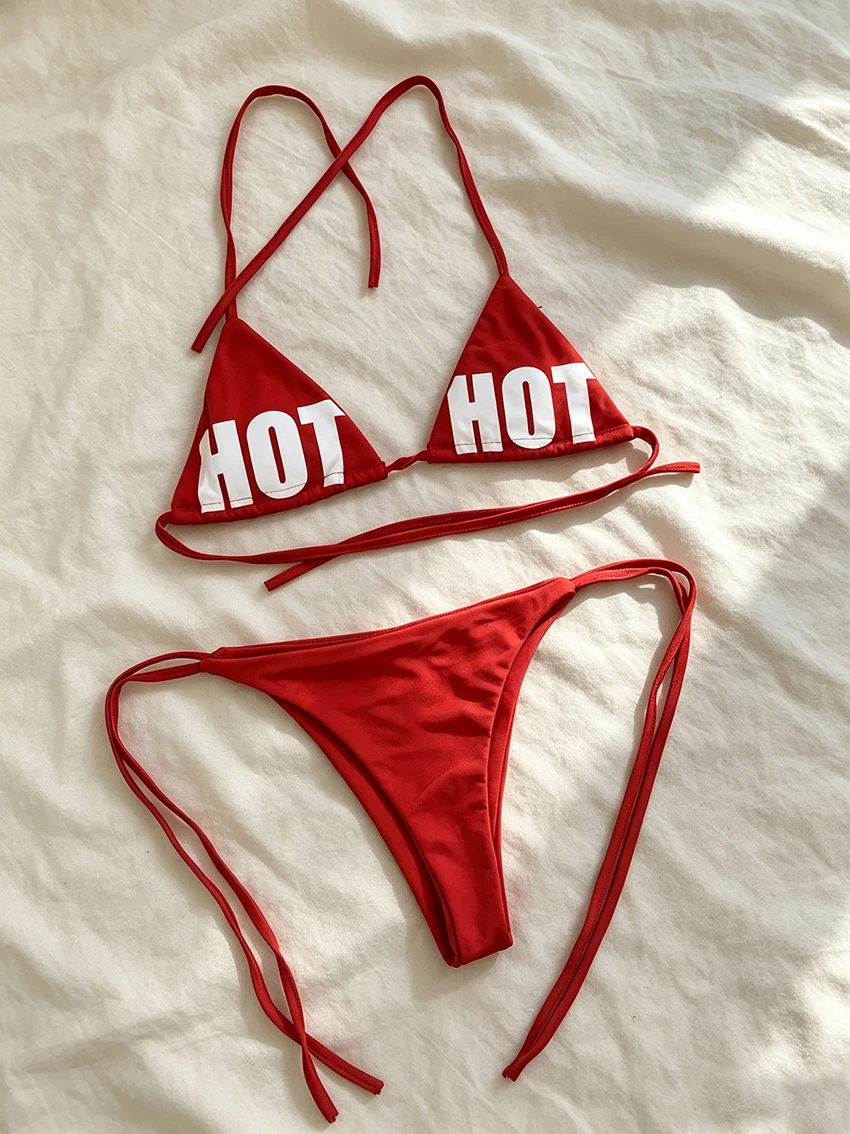 Trendy Ladies HOT Letter Printed Bikini Criss Tie Halter Swim Top Adjustable Side Tie Briefs Female Summer Holiday Beach Suits