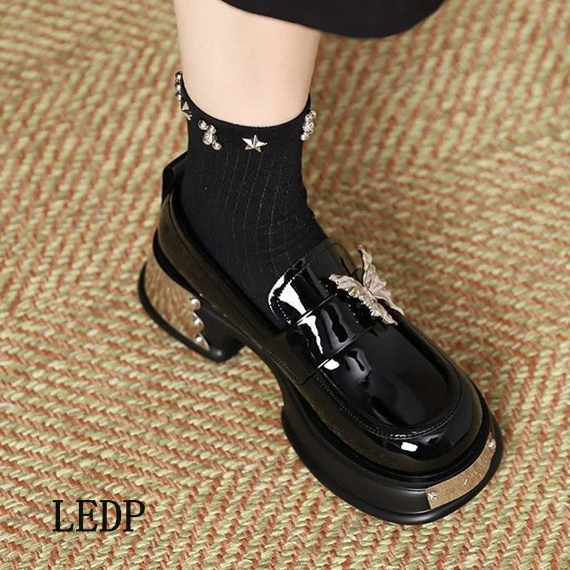 LEDP Brand Loafers Mary Jane Women 2024 Summer Metal Butterfly Thick Sole Deep Mouth Elevating Single Shoe Lolita 4.5CM Pump