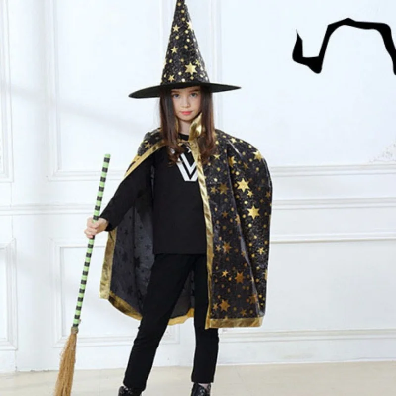 Halloween Costumes Wizard Cape Witch Cloak with Hat for Boys Girls Toddlers Adult Wizard Party Cosplay Costume Fancy Dress