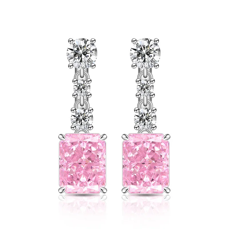 925 Sterling Silver Sparkling Square High Carbon Diamond Ice Flower Cut Long Smart Women's Light Luxury Wedding Earrings