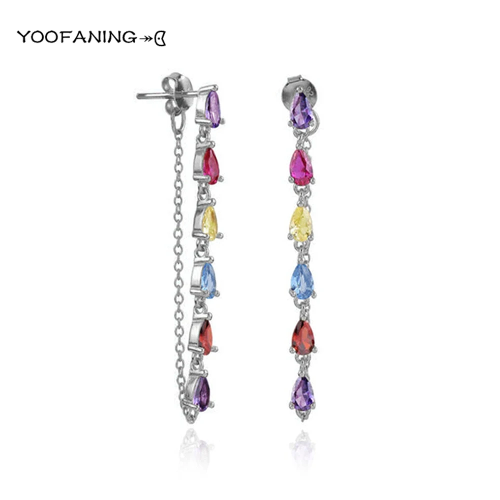 925 Sterling Silver Ear Needle Classic Silver Earrings, Colorful Zircon Flowers Chain Tassel Series Fashionable Women\'s Jewelry
