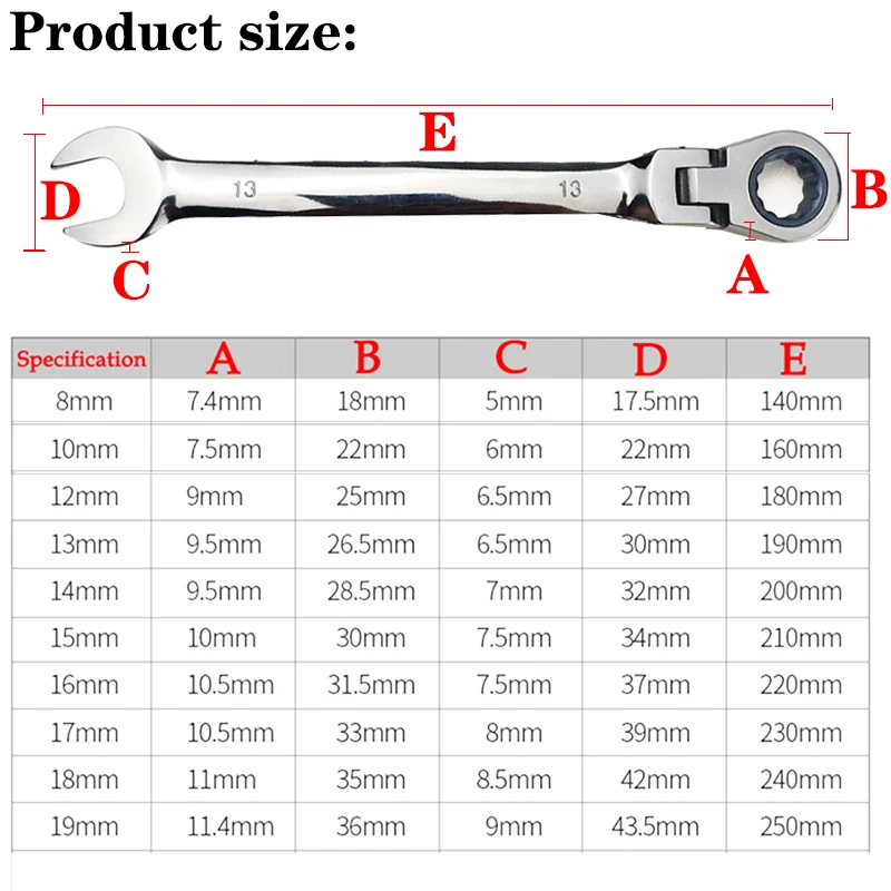 8-19MM Opened Ring Universal Ratchet Spanner Flexible Combination Wrench Chrome Vanadium Household Car Repair Metric Hand Tools