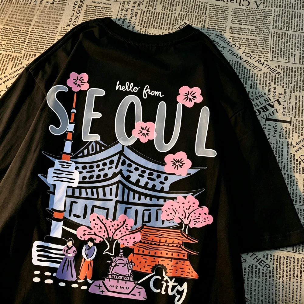 Family Matching T‑Shirt White Hello From Seoul Front‑Back Print Korean City Cherry Blossom Traditional Building Travel SleeveTee