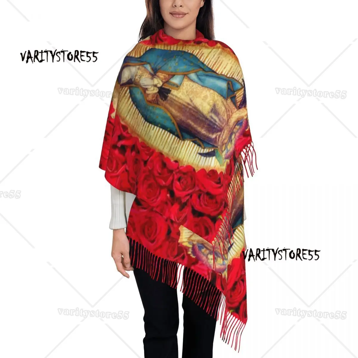 

Custom Printed Guadalupe Virgin Mary With Flowers Scarf Men Women Winter Fall Warm Scarves Catholic Shawls Wraps