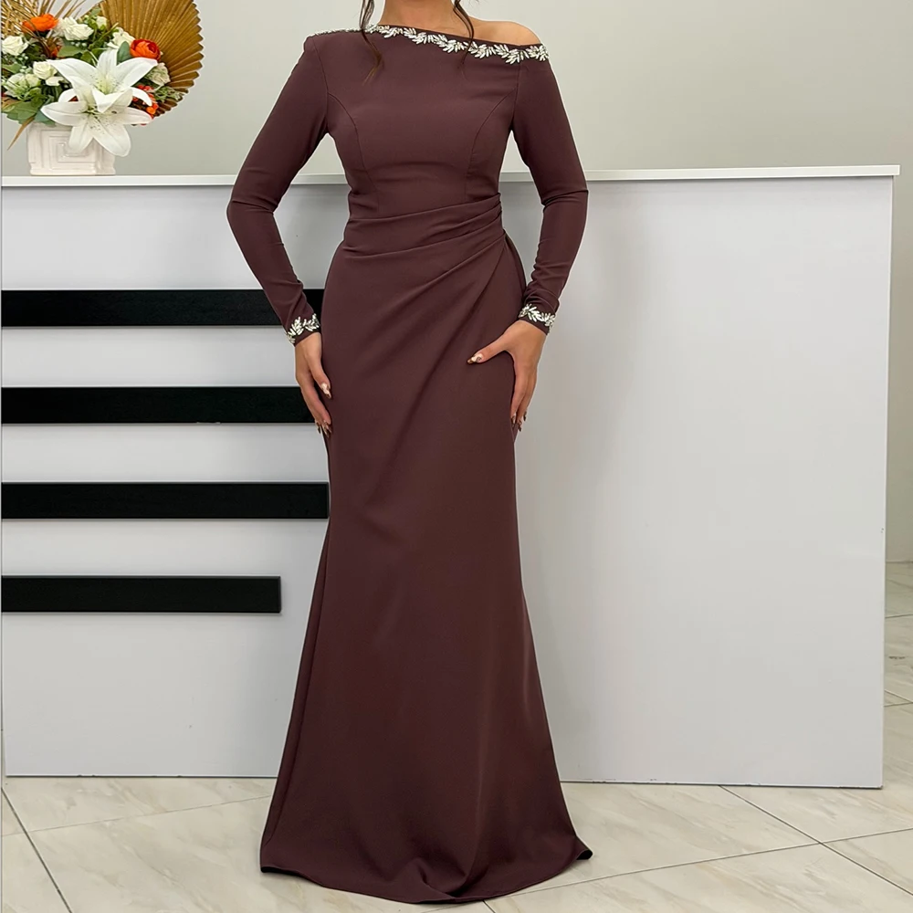 

Вечерние платья трапециевидной формы по индивидуальному заказу, длиной до пола, с вырезом лодочкой и длинными рукавами, платье для выпускного вечера, модное простое драпированное повседневное вечернее платье с кристаллами