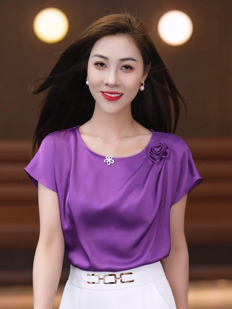 

Summer French 3D Flower Purple Chiffon Shirt Women Short Sleeve Top High Quality Streetwear Slim Pullover Tees Female Clothes