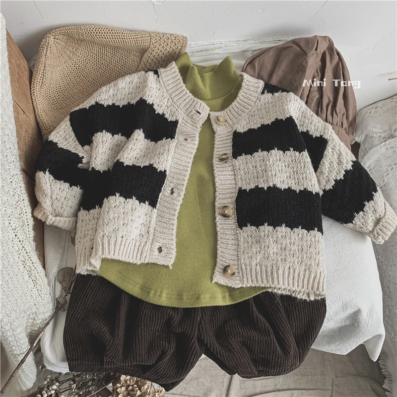 Spring And Autumn Newborn Baby Boys And Girls Baby Black And White Striped Knitted Cardigan Children\'s Casual Loose Baby Clothes