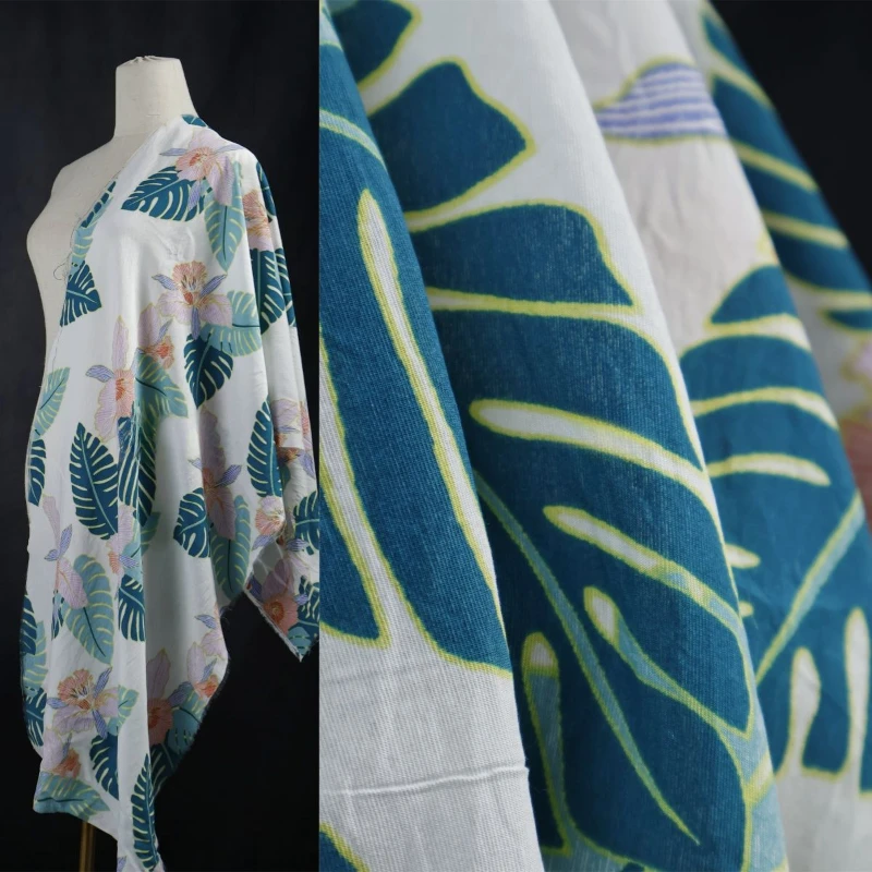 Refreshing Beach Vacation Style White Bottom Green Leaf Flower Printed Fabric Coat Dress Fabric