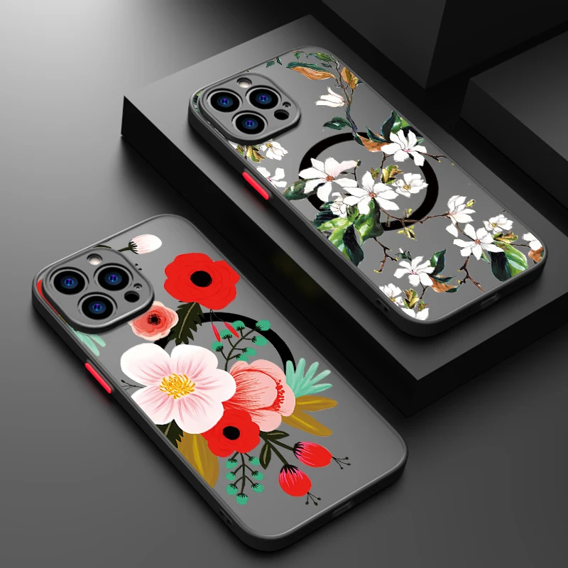 Magnetic For Magsafe Flower Case For iPhone 16 Pro Max Coque iPhone 15 Pro Max 14 13 12 11 Luxury Matte Clear Back Hard Cover