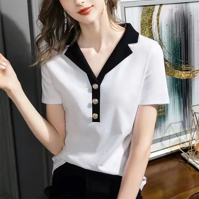 French Women Elegant Office Lady T-shirt Summe Fashion Short Sleeve Slim Pullover Tees Female Clothes Solid Chic All-match Tops