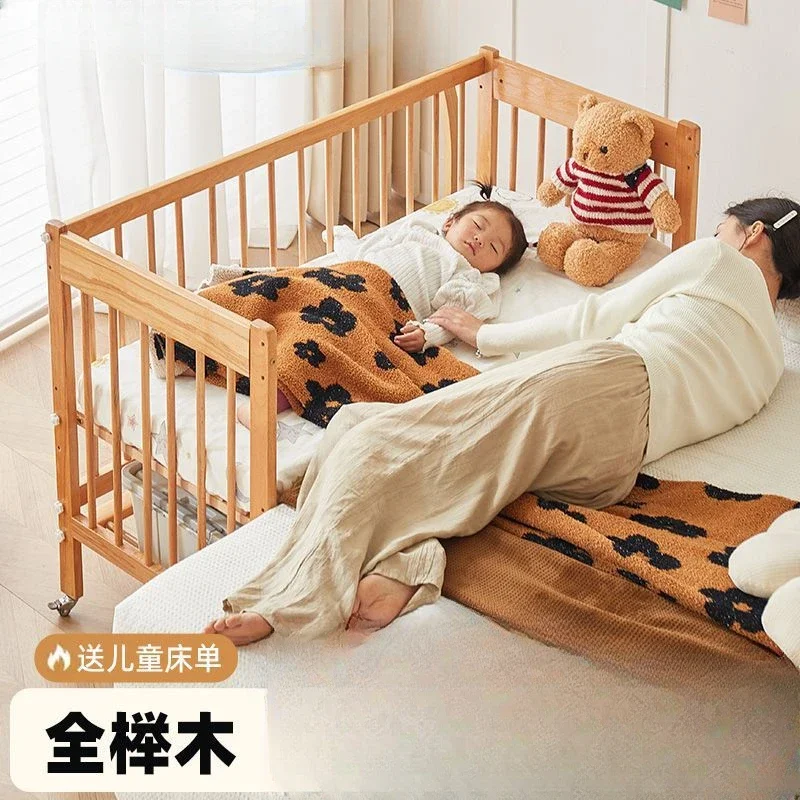 All beech solid wood children;s bed with guardrail baby boy girl single bedside bed widened splicing big bed.