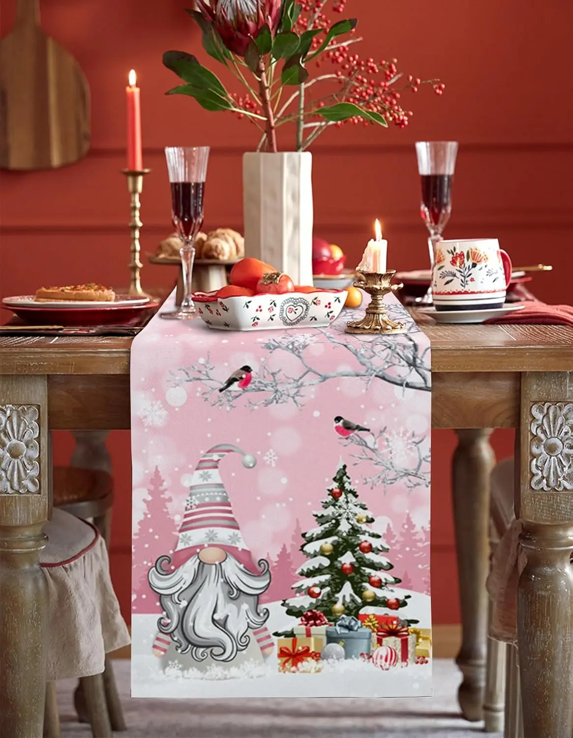 Christmas Gnomes Snowy Tree Bird Pink Linen Table Runners Dresser Scarf Decor Reusable Dining Table Runners Party Supplies