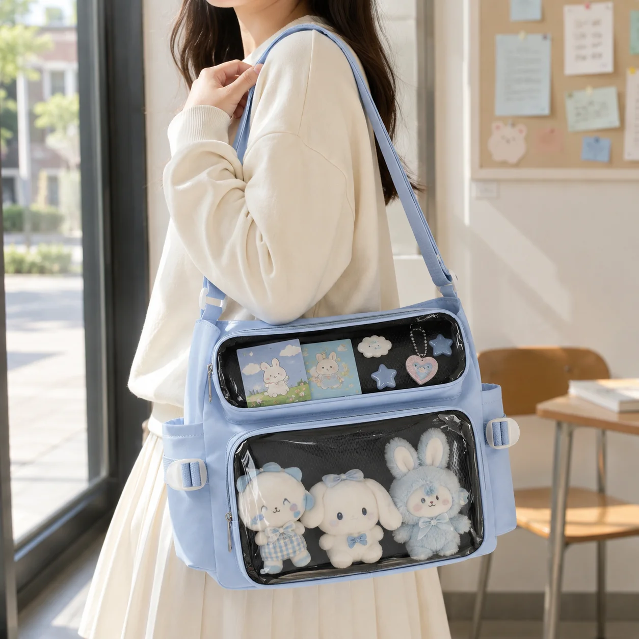 Pastel Kawaii Ita Bag Dual Clear Window Cute Plush Pin Display Shoulder Bag for School Travel Daily Use