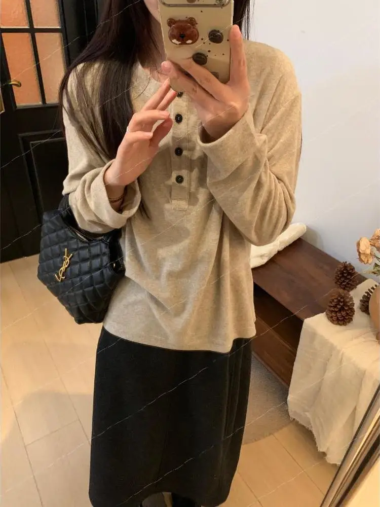 

Oaeal Henry Collar Long Sve Loose Women's T-irt Autumn Winter New Sle Lazy Faion Slimming Base Layer irt