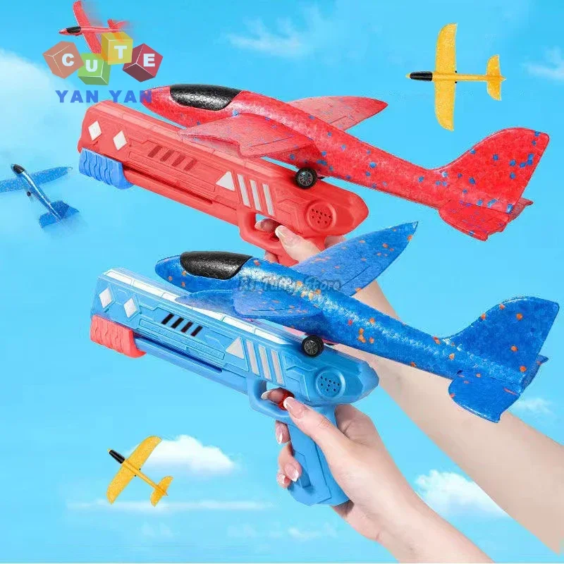 Foam Airplane Launcher Bubble Aircraft Gun Hand Throw Catapult Plane Glider Toys for Kids Boys Outdoor Long Range Shooting Games