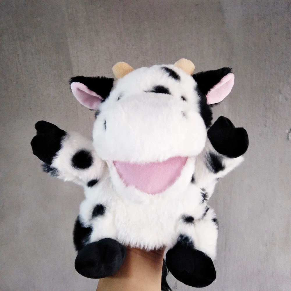 Boerderijdieren handpop melkkoe met open mond gevuld knuffel