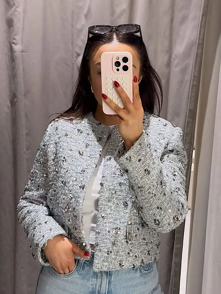 

HH 2024 Vintaeg Solid Sequins Cropped Cardigan Coat For Women Long Sleeves O Neck Jacket Sequins Fashion Shiny Coats
