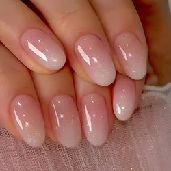 24 Pcs Medium Oval Press On Nails Pink Gradient Stripe Pattern Fake Nails Glossy Artificial Finger Manicure False Nails