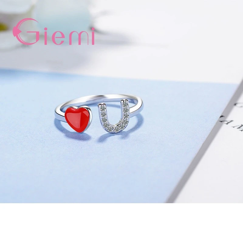

Romantic 925 Sterling Silver Love Heart U Shape Cubic Zircon Open Adjustable Rings for Women Wedding Party Fashion Jewelry Gifts