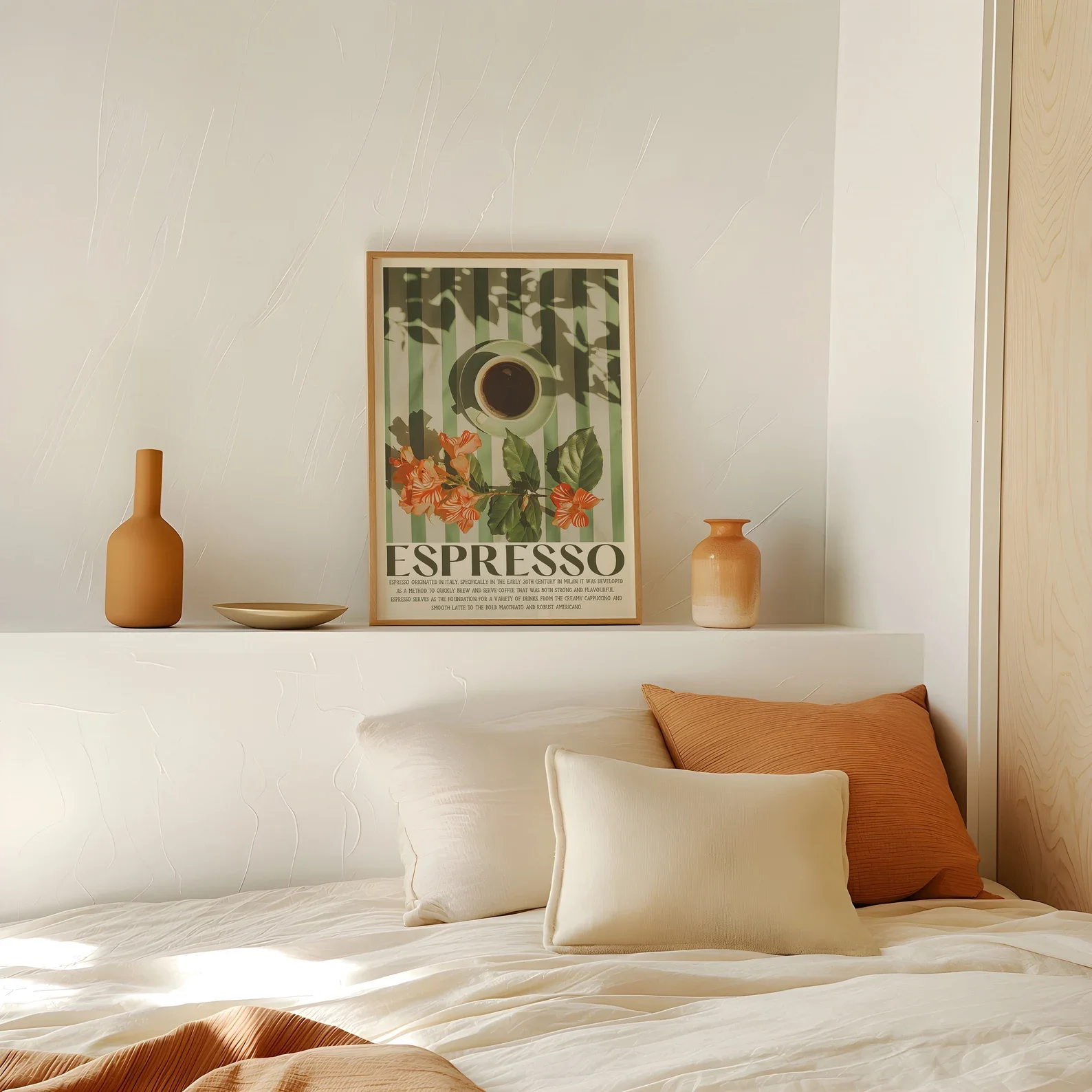 ملصق مطبخ جمالي مطبوع عليه قهوة اسبريسو عتيق مع كوب قهوة إيطالي على الطاولة لديكور المقهى #4