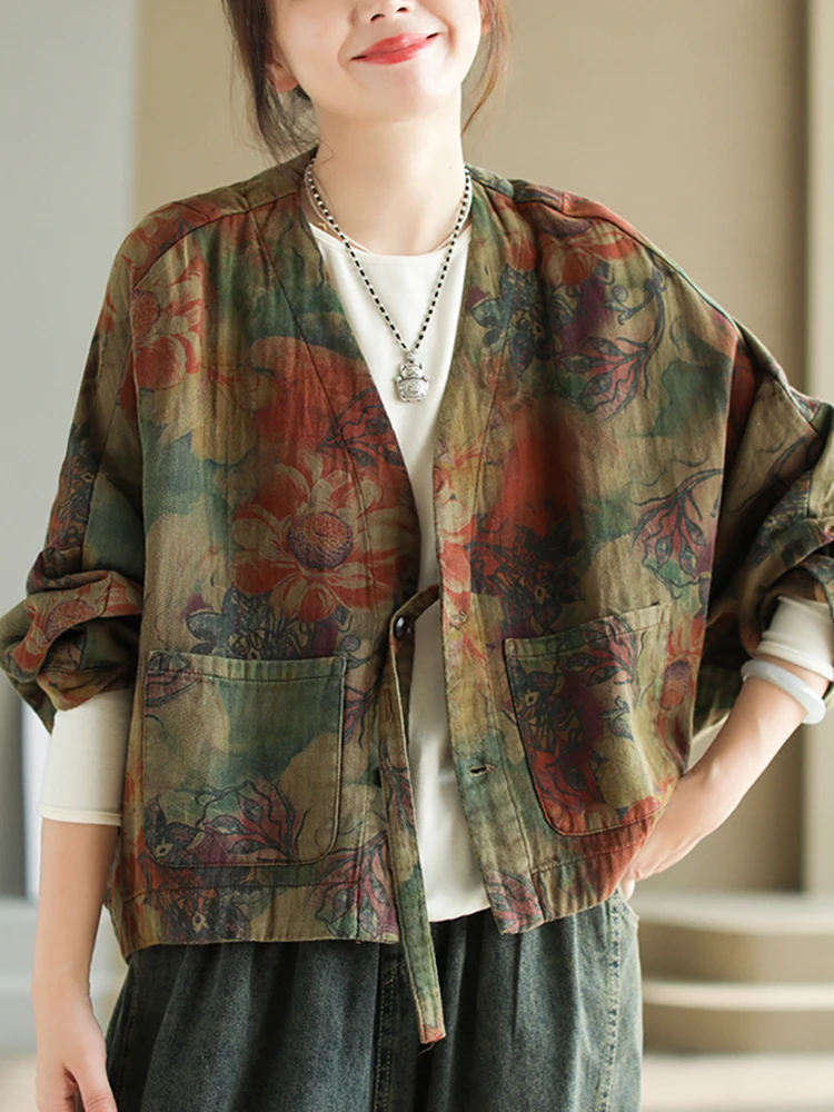 Max LuLu Fall Fashion Design Womens Luxury Loose Printed Linen Jackets Ladies Leisure Vintage Floral V Neck Big Size Outerwear